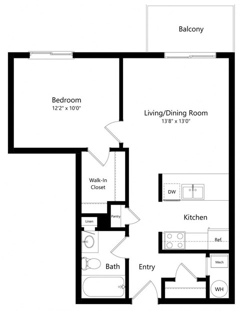 Floor plan for 1 bed, 1 bath, 601 sqft